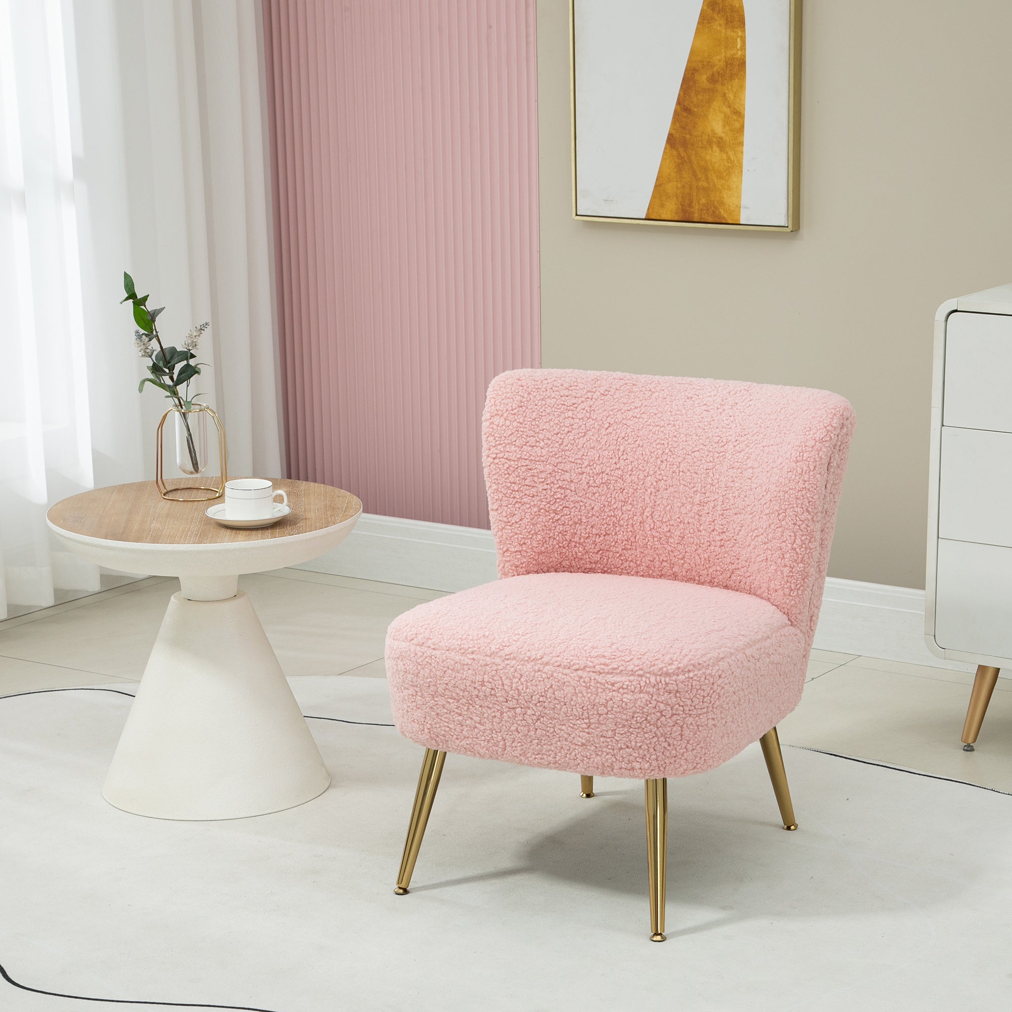 HOMCOM Chic Comfort: Soft Upholstered Lounge Chair with Gold Legs, Pink Hue for Bedroom Seating