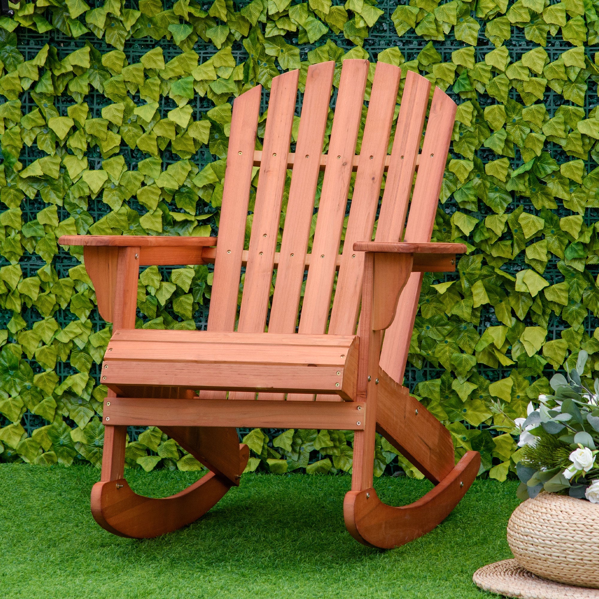 Outsunny Wooden Adirondack Rocking Chair with Slatted Wooden Design, Fanned Back, & Classic Rustic Style, Teak