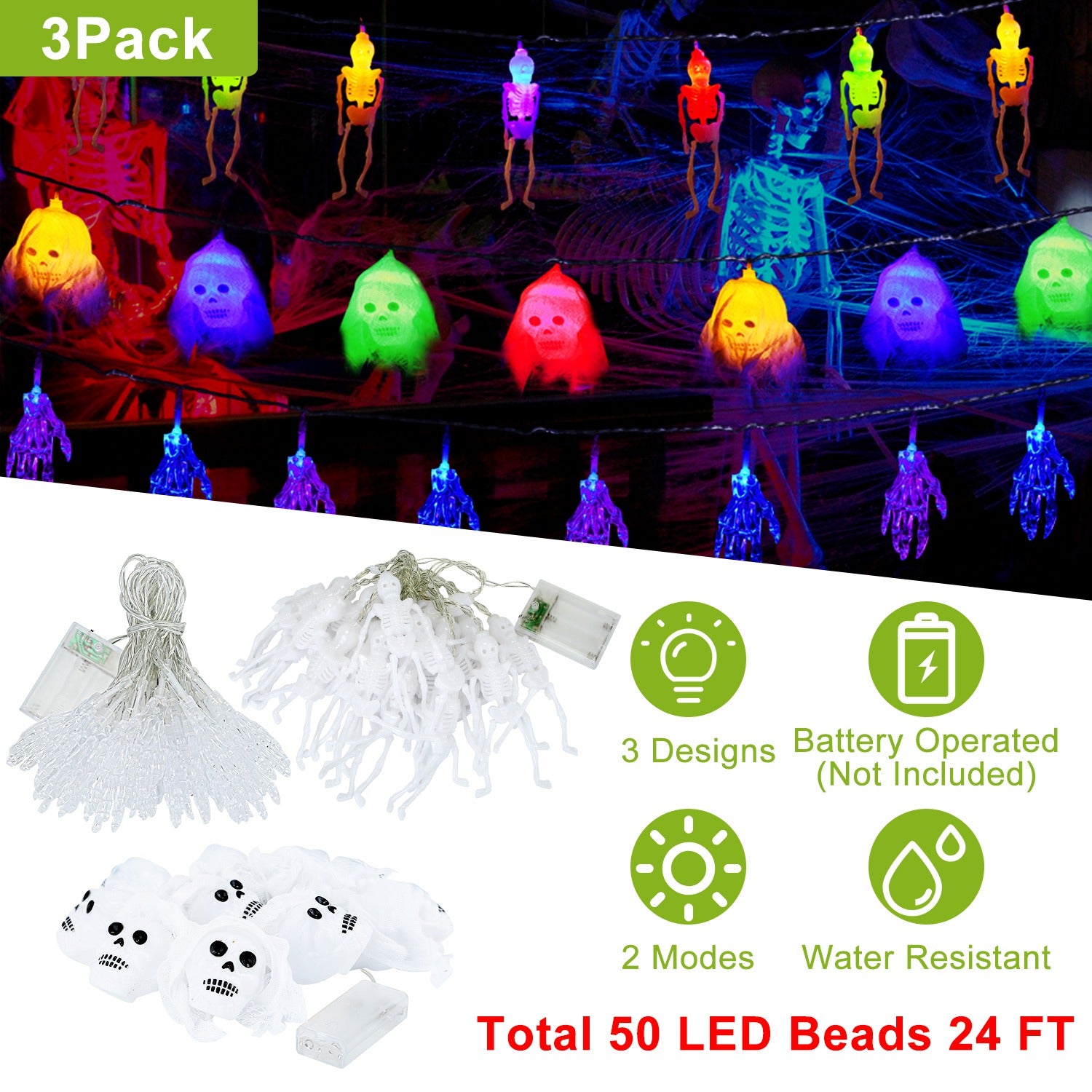 3Pcs Halloween Light Decorations Total 50 LEDs 24ft Halloween String Lights Colorful 3D Skeleton Ghost String Lights Gauze Skull String Lights Spooky