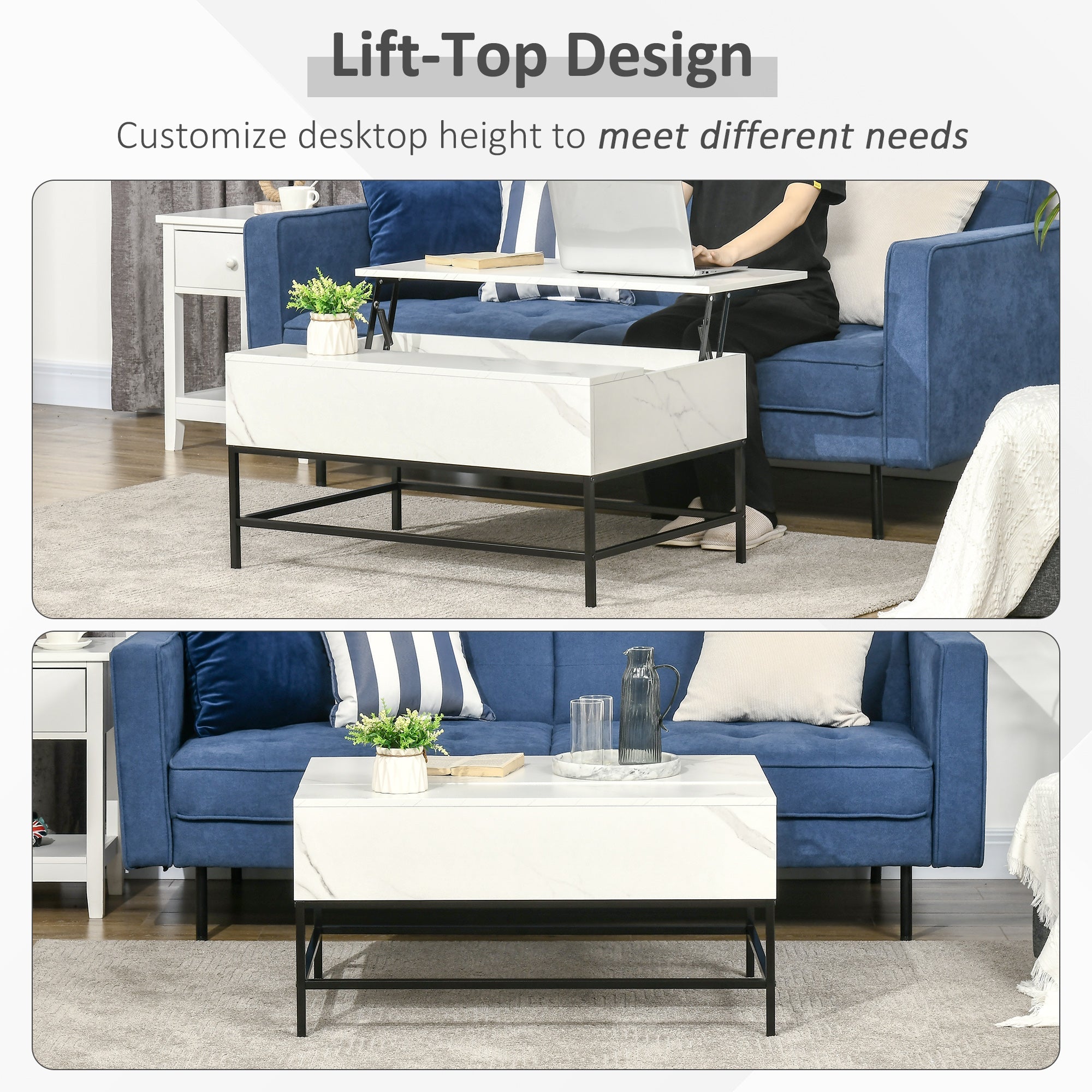 HOMCOM White Lift Top Coffee Table with Storage Organizer Modern Center Table for Living Room