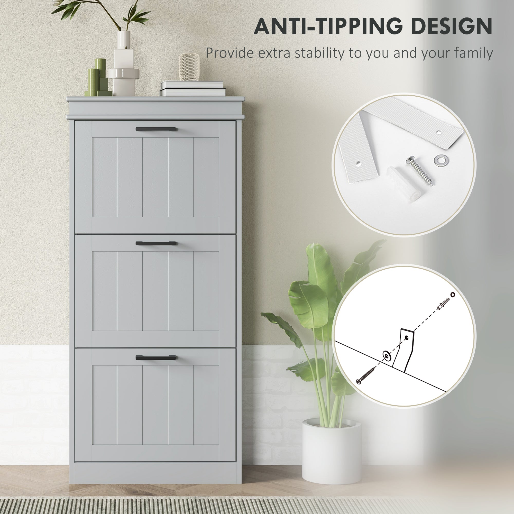 HOMCOM Shoe Storage Cabinet with 3 Flip Drawers and Adjustable Shelves, Narrow Shoe Cabinet for 15 Pairs of Shoes, Grey