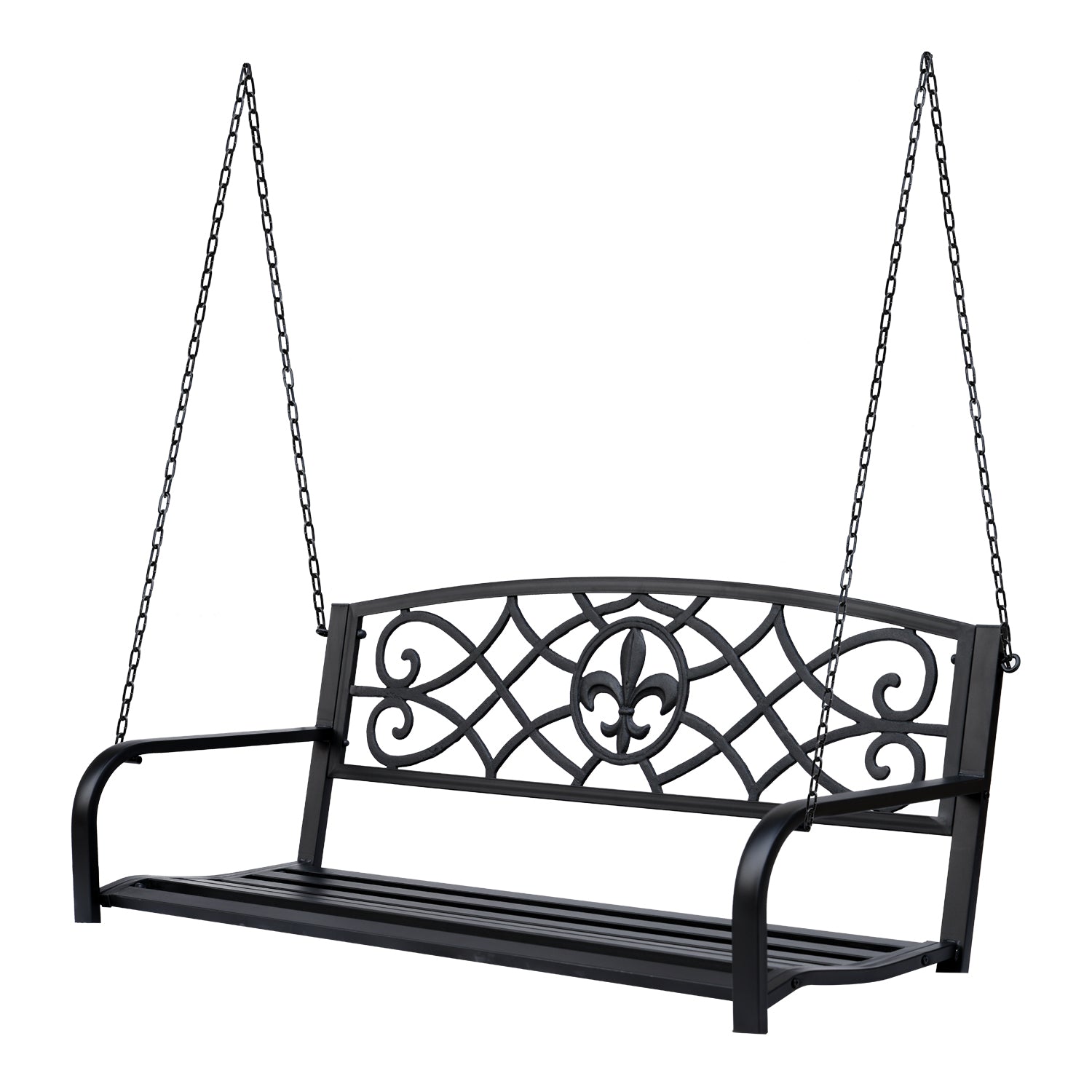 Outsunny Porch Swing: 2-Person Glider Chair Fleur De Lis Design Steel Frame Black