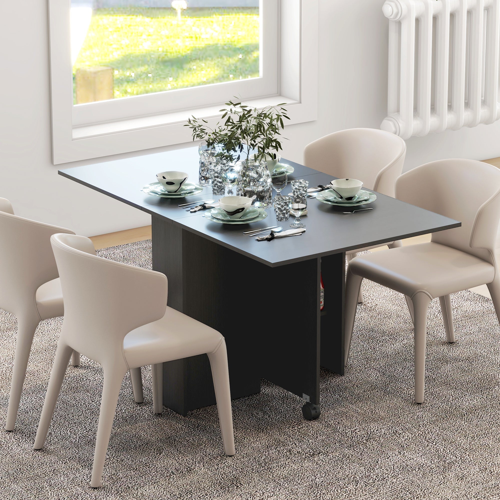 HOMCOM Foldable Dining Table with Storage Shelves Drop Leaf Rolling Wheel for Small Spaces