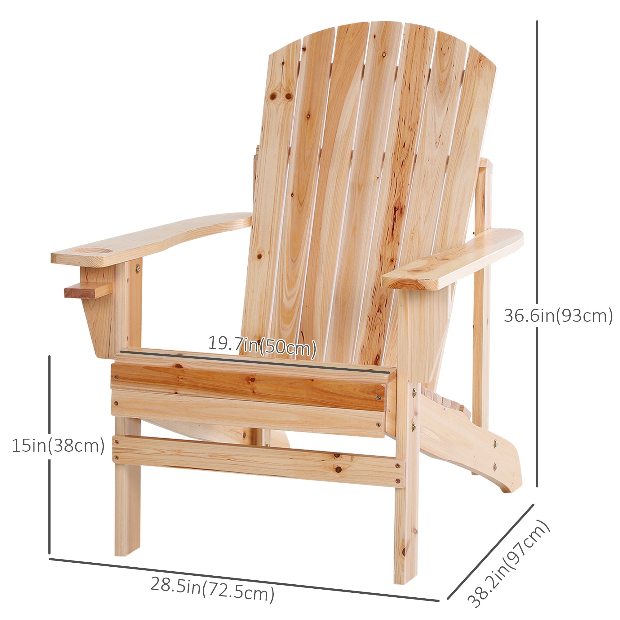 Outsunny Wooden Classic Adirondack Chair with Cup Holder Ergonomic Outdoor Patio Garden Deck Furniture Natural