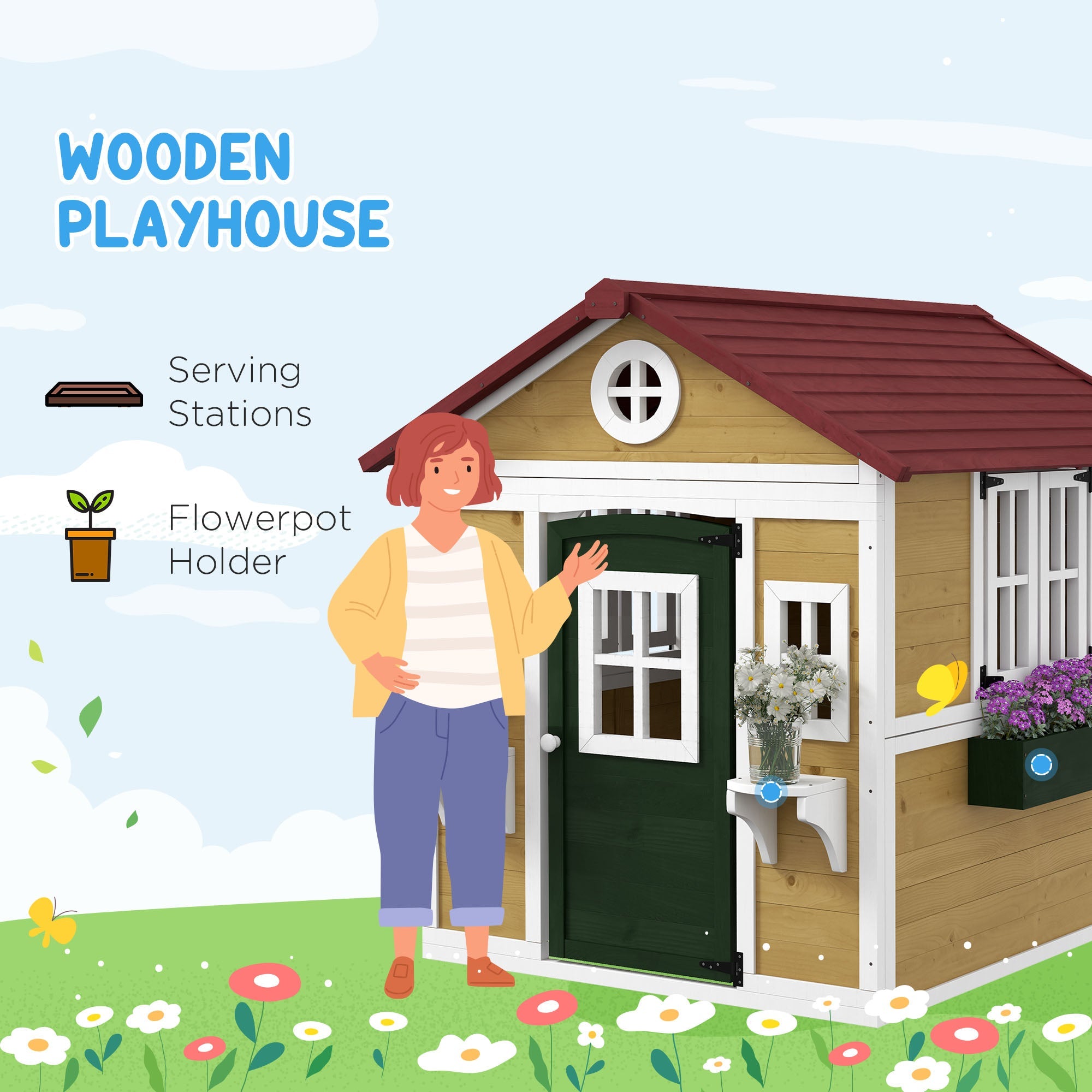 Outsunny Wooden Playhouse for Kids Outdoor with Door, Windows, Planter Pots and Boxes for Toddlers 3-8 Years, Beige