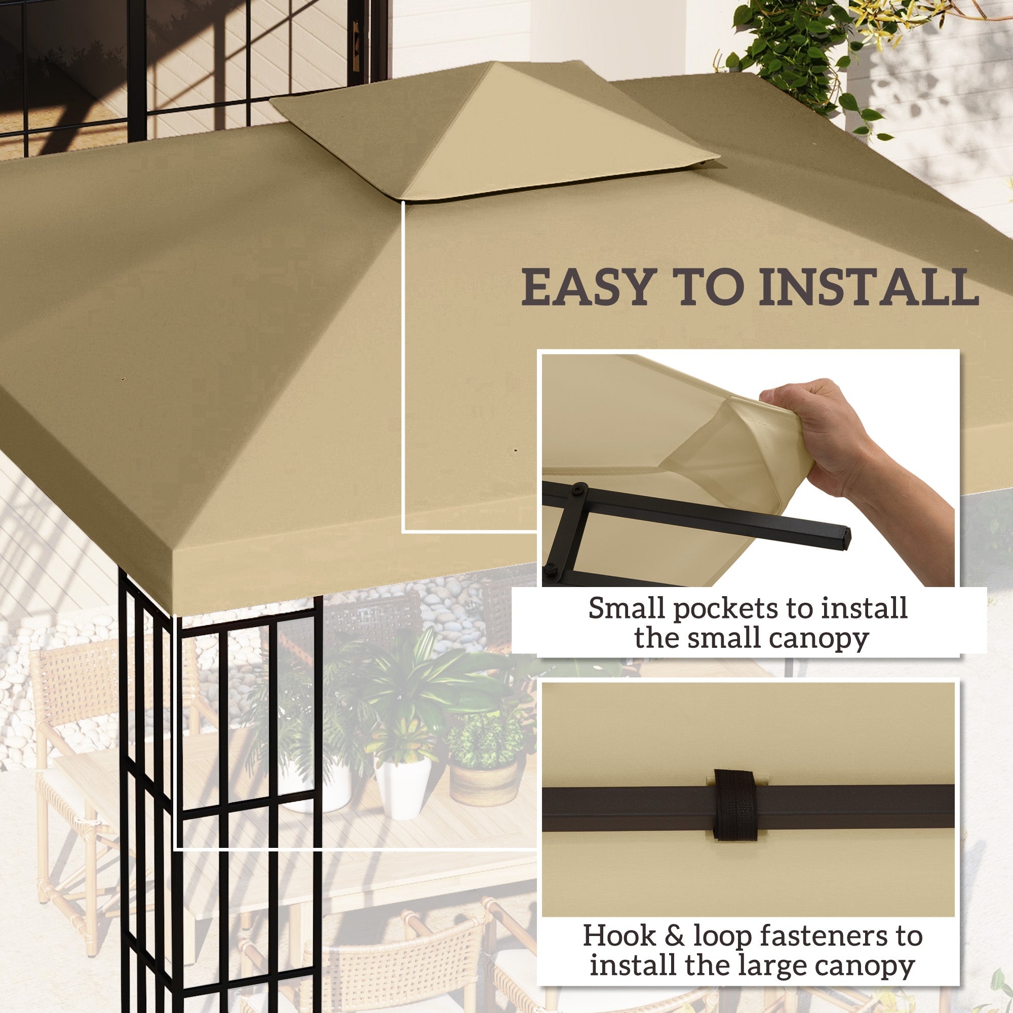 Outsunny Beige 9.8' Square 2-Tier Gazebo Replacement Canopy - Elegant Outdoor Garden Sun Shelter Top Cover