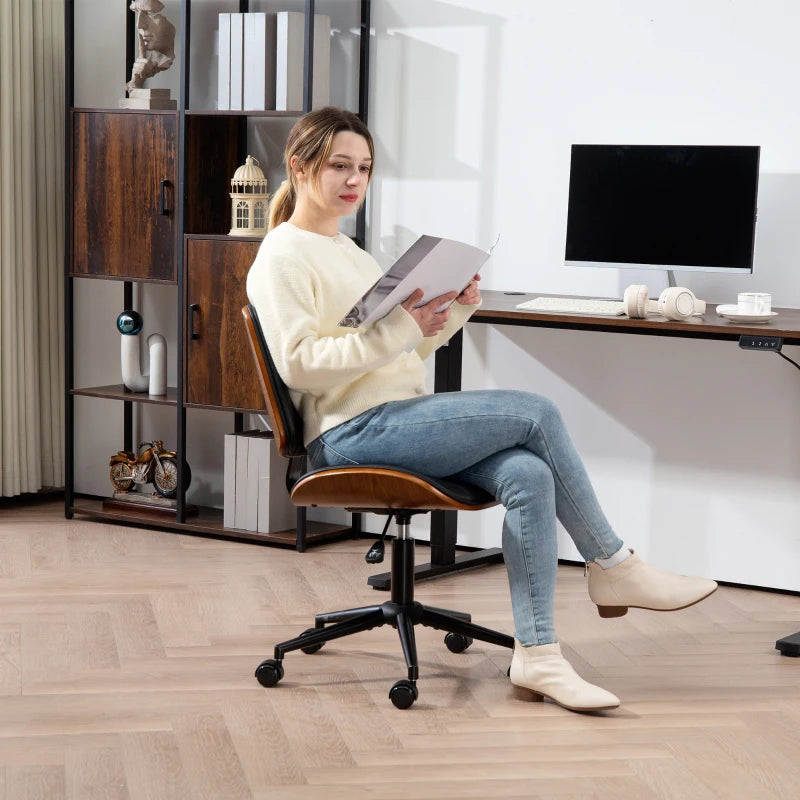 Office Chair No Arms with Wheels, PU Leather Desk Chair with Adjustable Height, Swivel Wheels for Office, Black