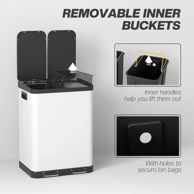 Kitchen Garbage Bin, 2 x 7.9 Gal (2 x 30 L) Trash Can, Soft-Close Garbage Can with Removable Inner Buckets, White