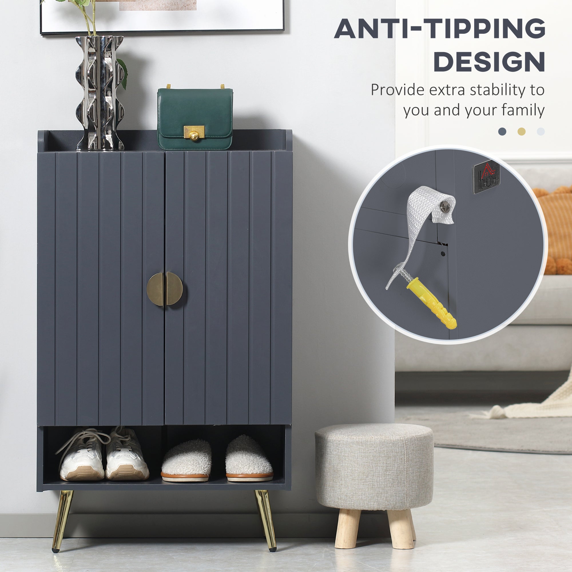 HOMCOM Modern Entryway 15 Pair Shoe Cabinet with 2 Doors Adjustable Shelves, Grey Finish for Stylish Organization | Sleek Design