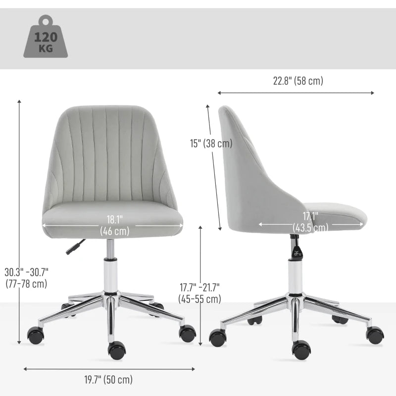 Vanity Chair for Makeup, Velvet Comfy Office Chair with Adjustable Height, Swivel Wheels for Bedroom, Living Room, Grey