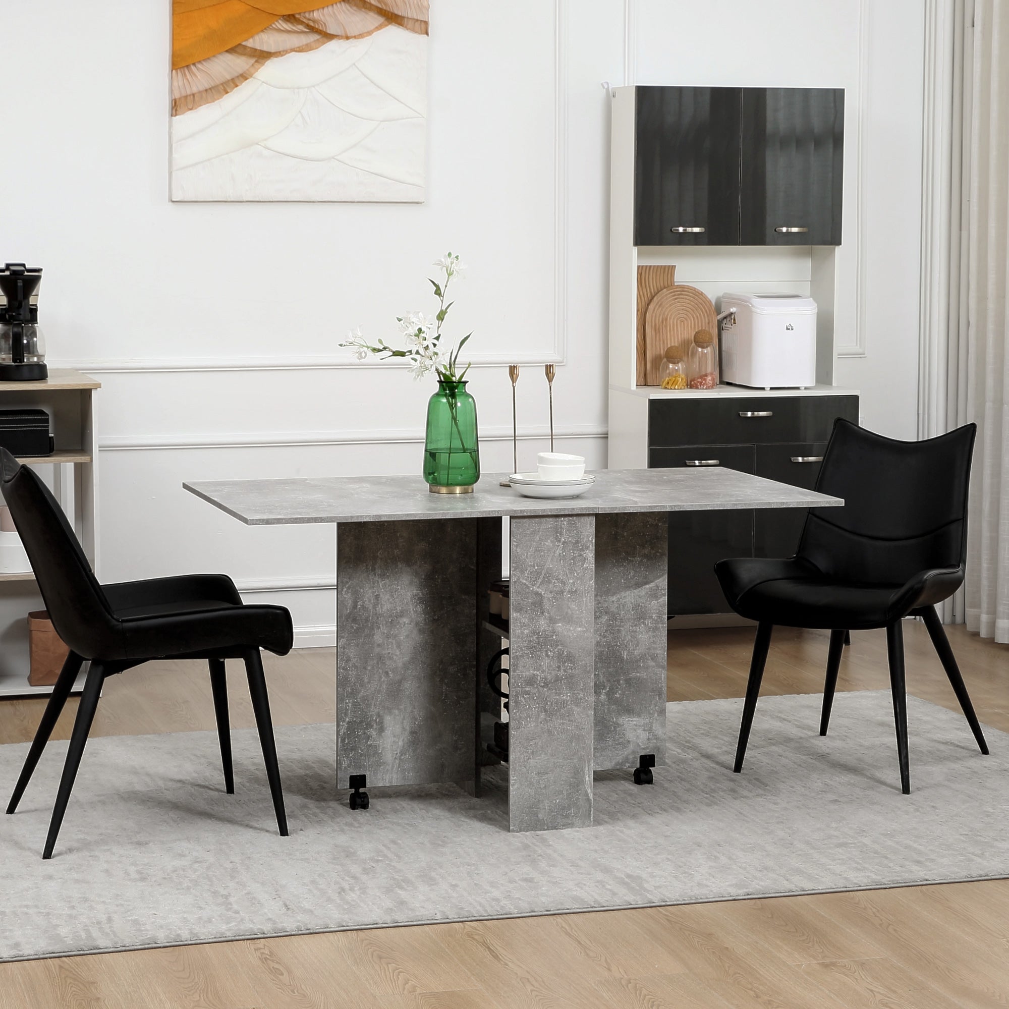 HOMCOM Folding Dining Table Extendable Movable Drop Leaf with Shelves Casters Grey for Compact Spaces