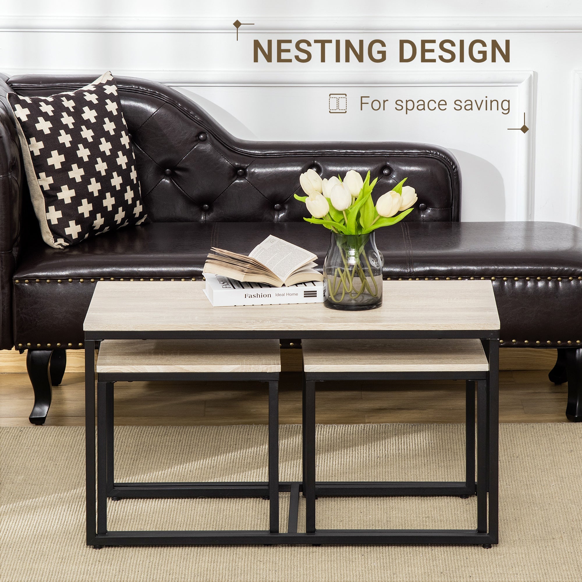 Homcom Natural Nesting Coffee Tables: Contemporary Set of 3 with Black Metal Frame for Stylish Living Room