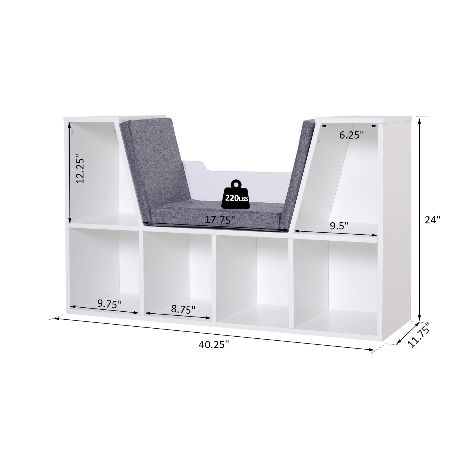 HOMCOM Kiddie Cubby Charm: 6-Cubby Bookcase with Cushioned Reading Nook, Storage Organizer Cabinet Shelf in White & Grey