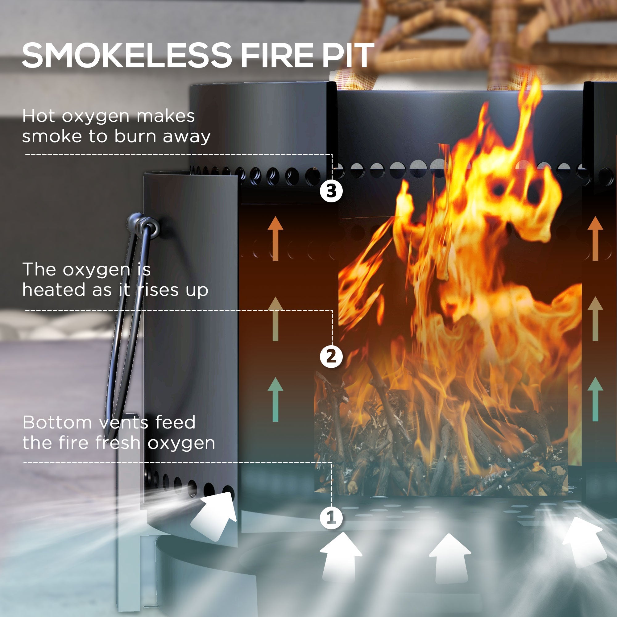 Outsunny Smokeless Fire Pit with Ash Catcher, Portable Wood Burning Firepit with Poker for Garden Camping Bonfire Party, Black