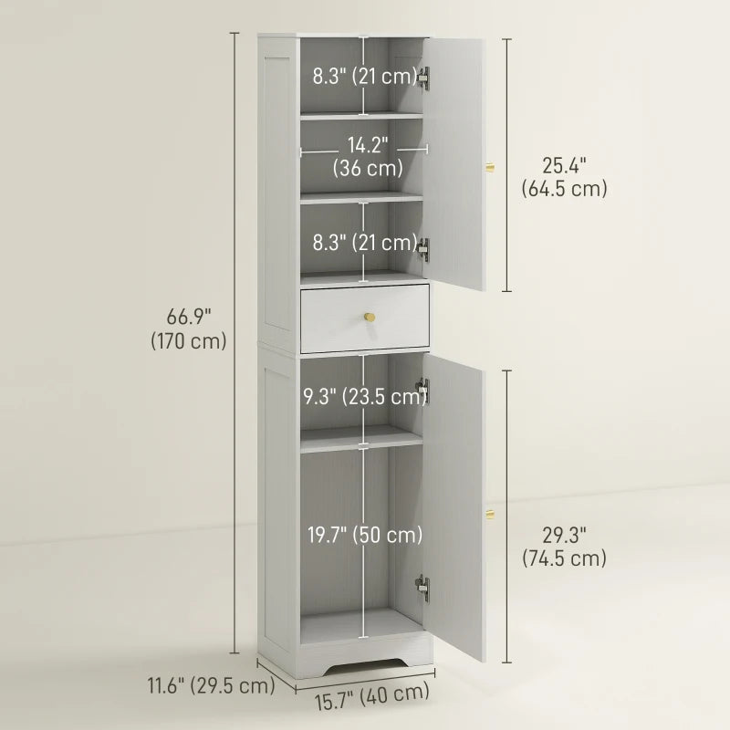 67" Tall Bathroom Cabinet, Slim Bathroom Storage Cabinet with 2 Doors, Drawer and Adjustable Shelf, White Wood Grain