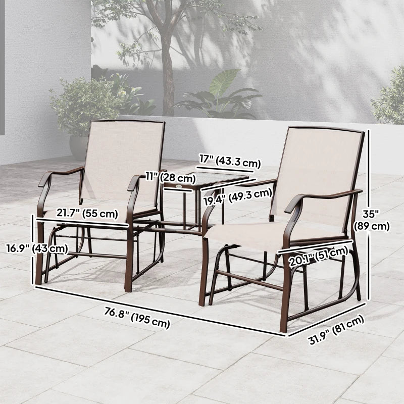 Double Patio Glider Chair with Glass Top Center Table, Outdoor Glider Loveseat with High Back, All Weather Breathable Mesh Fabric for Garden, Backyard, Deck, Beige