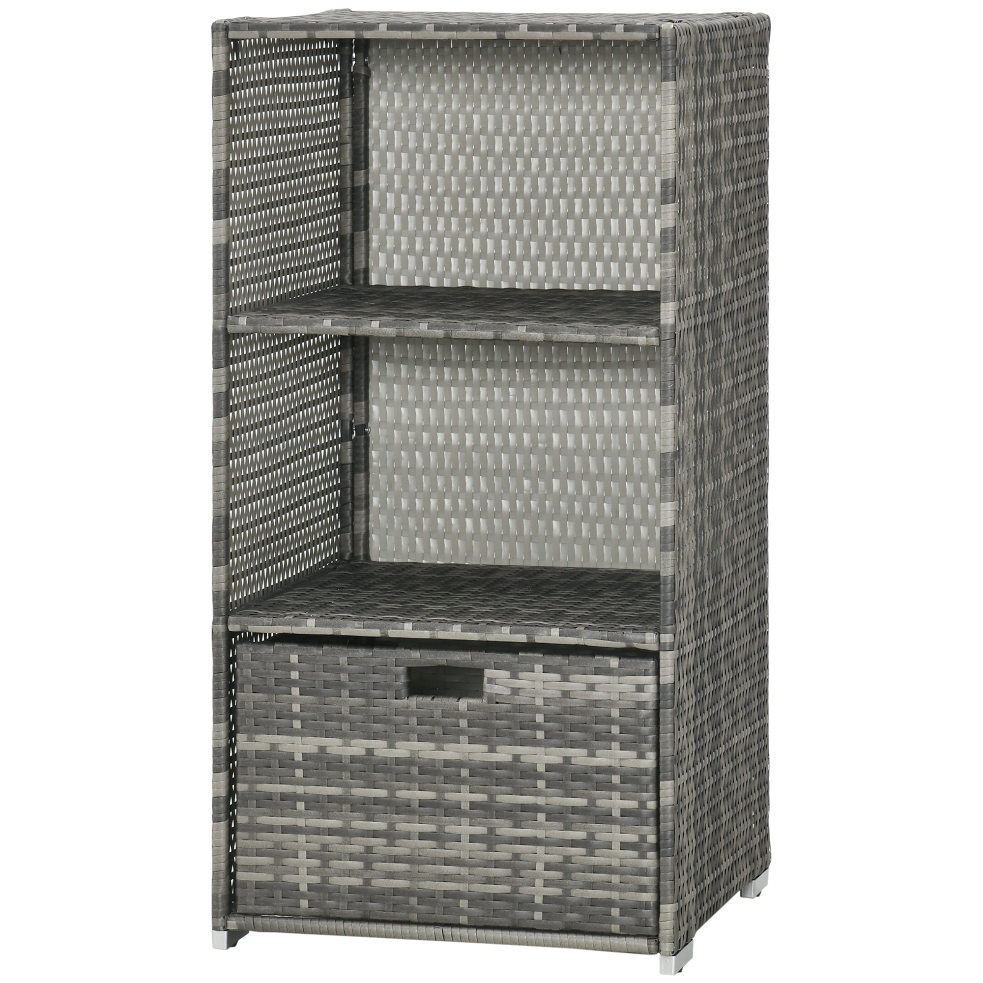 Outsunny Outdoor Storage Cabinet, Patio Storage Box Rack Rattan Wicker w/ 2 Shelf 1 Drawer Garden, Mixed Grey
