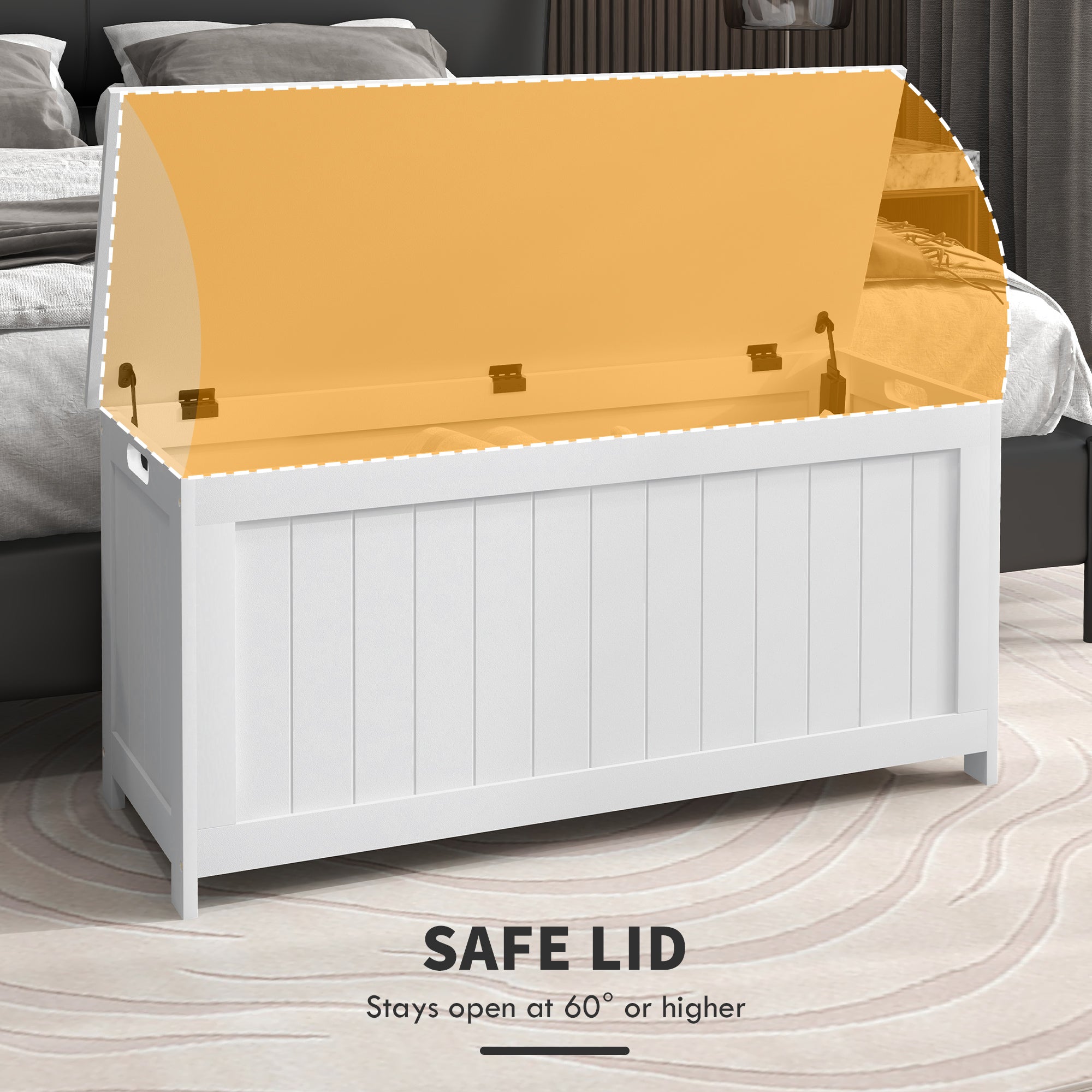 HOMCOM Modern Storage Chest Bench with Safety Hinges Entryway Toy Chest White with Side Handles for Living Room Playroom