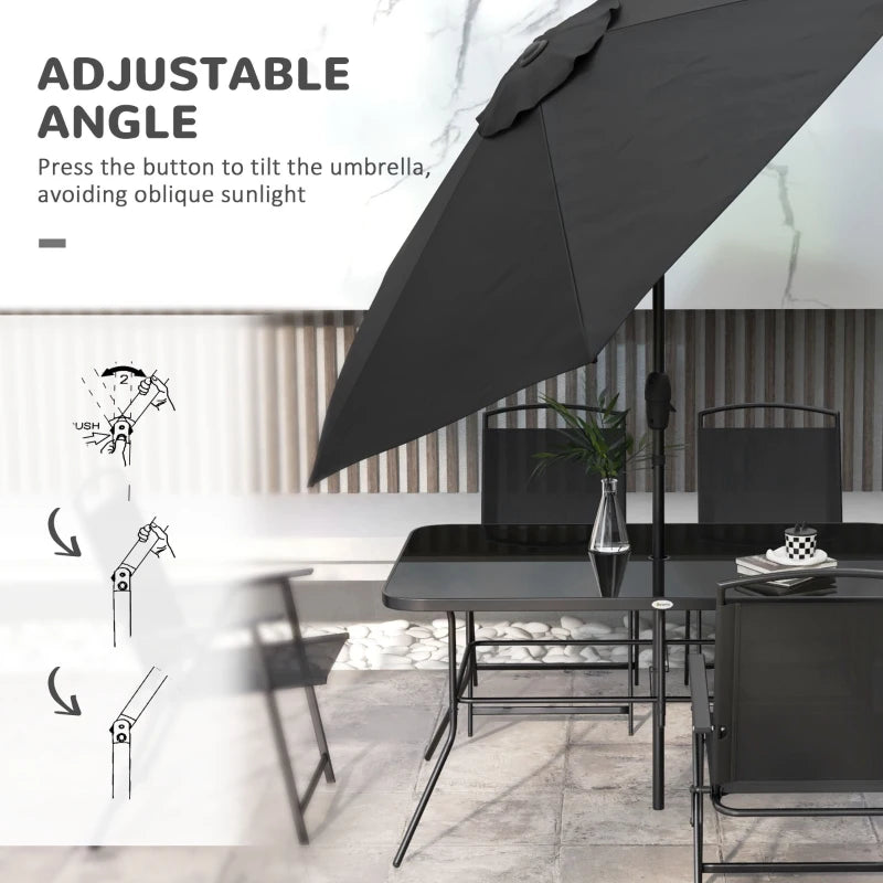 8 Piece Patio Set with Umbrella, 6 Folding Chairs, Rectangle Table, Outdoor Dining Set for 6 with Mesh Seat, Black
