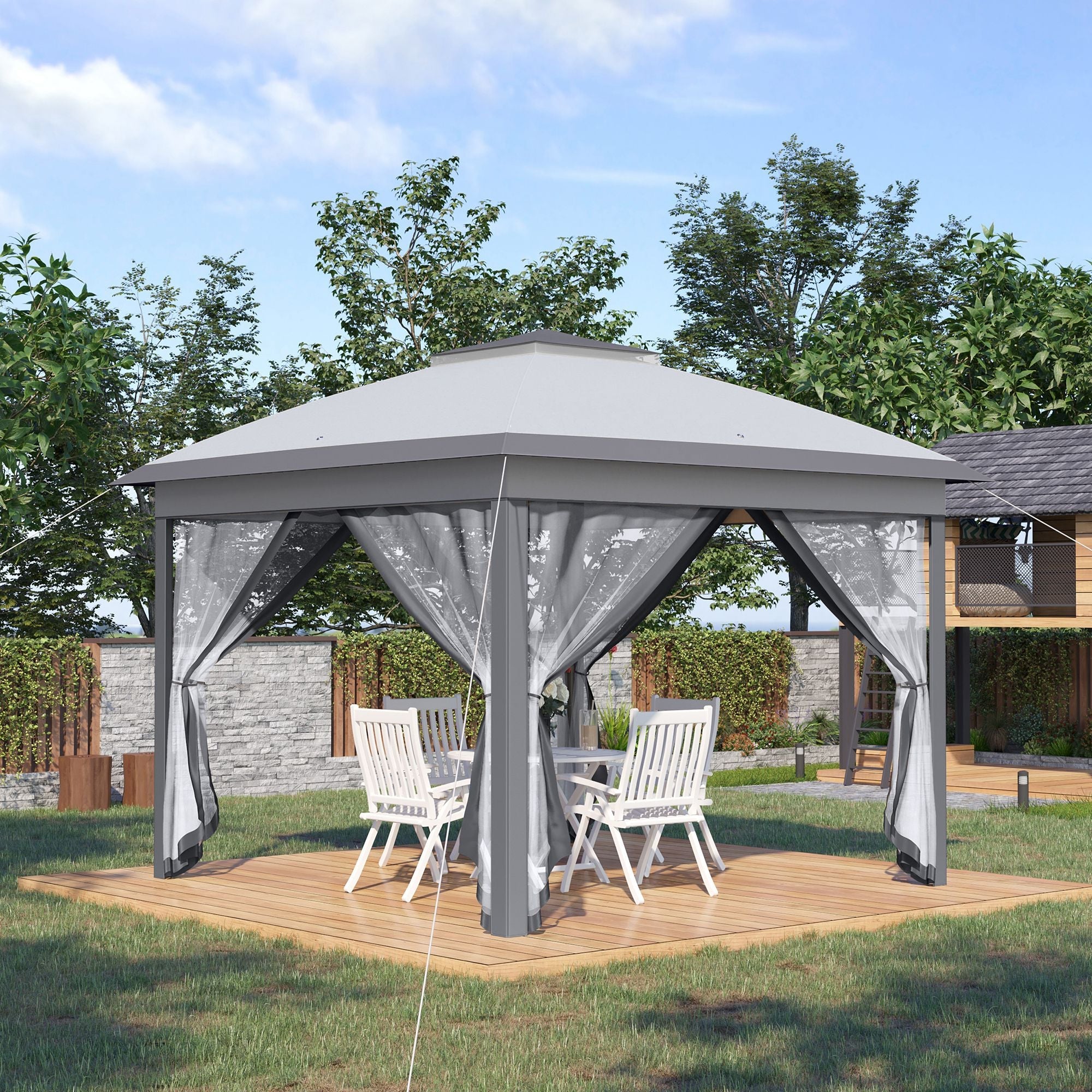Outsunny Pop Up Gazebo 11x11 with Double Roof, Zippered Mesh Sidewalls, Adjustable Height & Carry Bag - Perfect for Outdoor Events