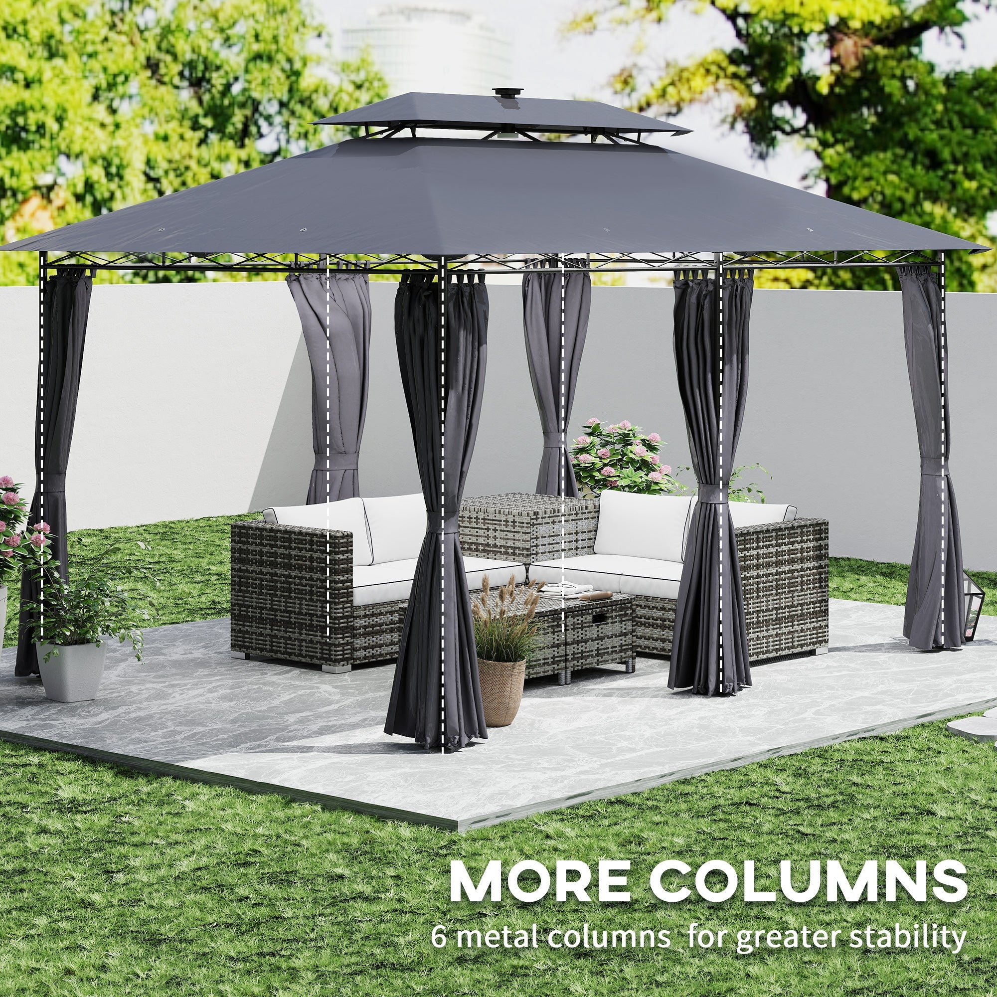 Outsunny 10' x 13' Outdoor Gazebo with Curtains and Solar-Powered LED Lights, Double Roof Patio Gazebo Canopy Shelter