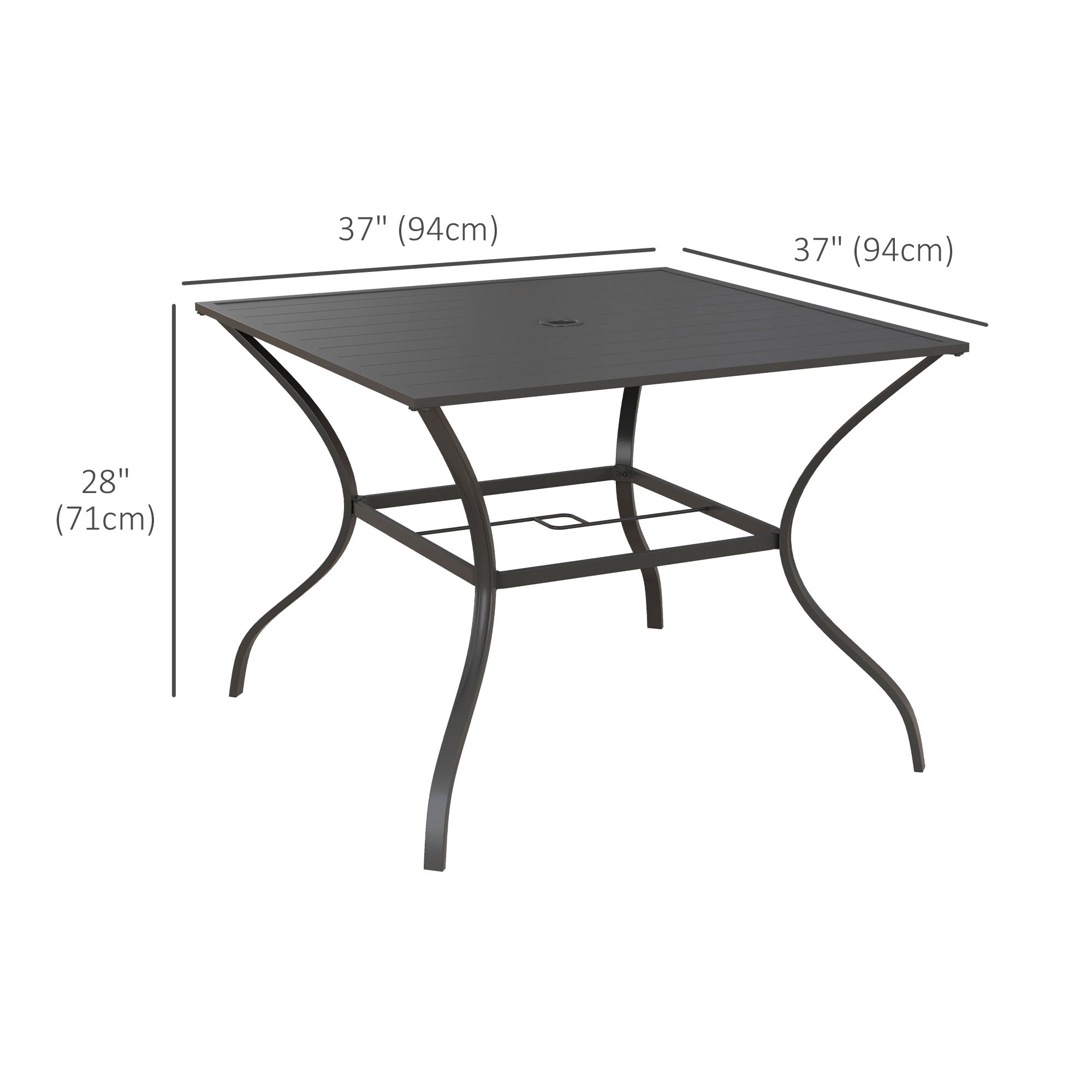 Outsunny Square Patio Dining Table with Umbrella Hole Outdoor Garden Table Slatted Metal Top for Poolside Backyard Dark Grey