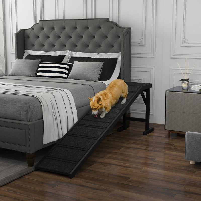Pet Ramp Bed Steps for Dogs Cats Non-slip Carpet Top Platform Pine Wood 74"L x 16"W x 25"H Black