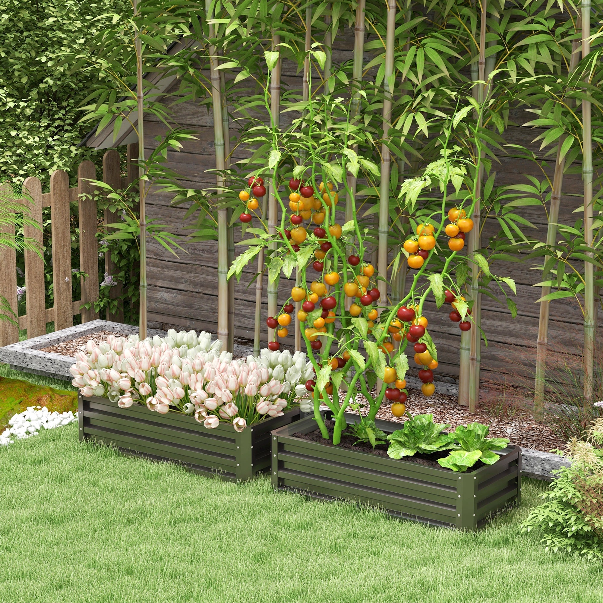 Outsunny Set of 2 Dark Grey Galvanized Raised Garden Beds Outdoor Planter Box for Flowers Herbs Vegetables