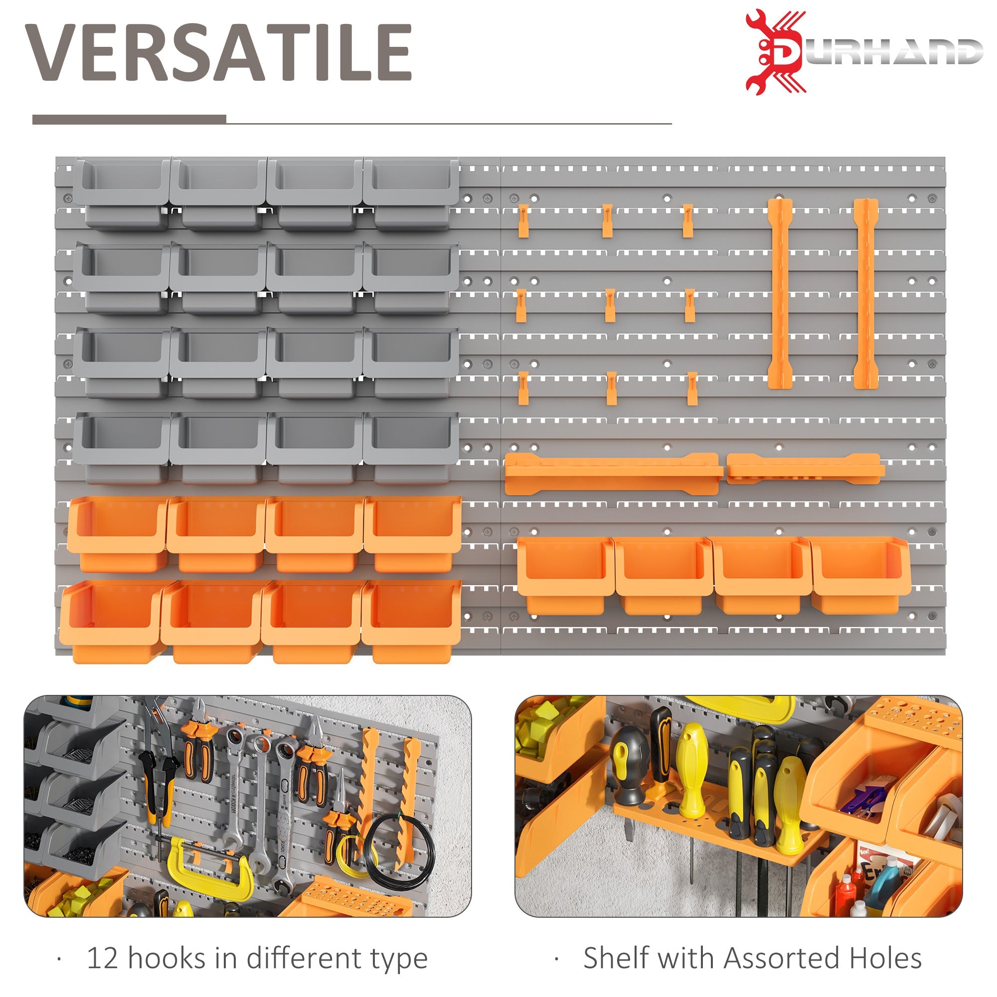 DURHAND Wall-Mounted Organization Marvel: 44PC Storage Rack with Bins, Pegboard Hooks, Organizer for Garage, Orange Finish