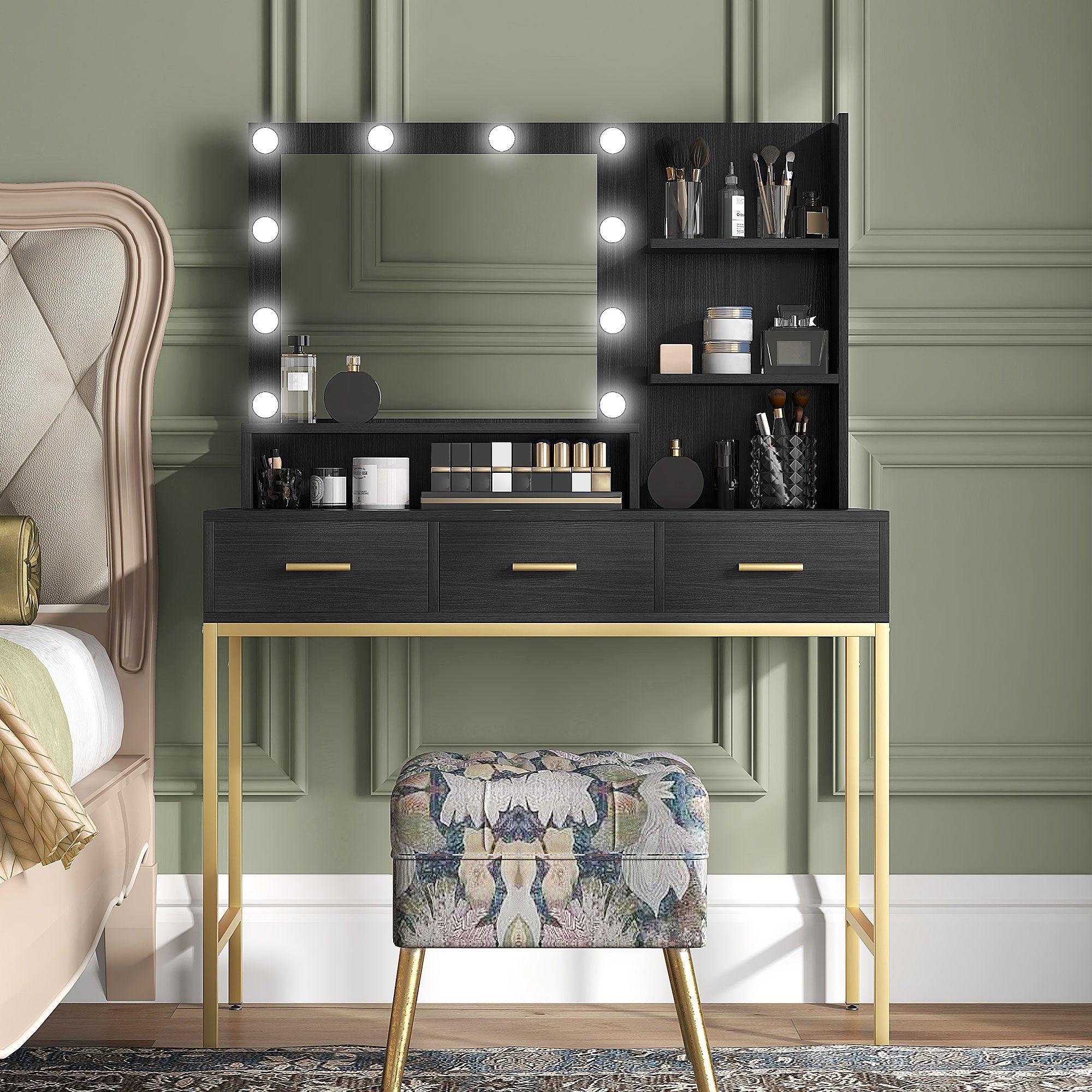 HOMCOM Illuminated Dressing Table, LED Vanity Table with Mirror, 3 Drawers and Storage Shelves for Bedroom, Black