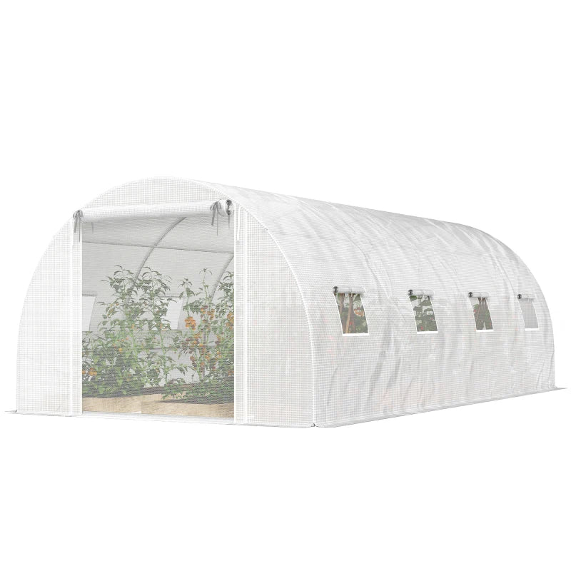 Walk-in Tunnel Greenhouse with 2 Support Rods, Mesh Door, Plant Hot House with PE Cover, 20'x10'x7', White