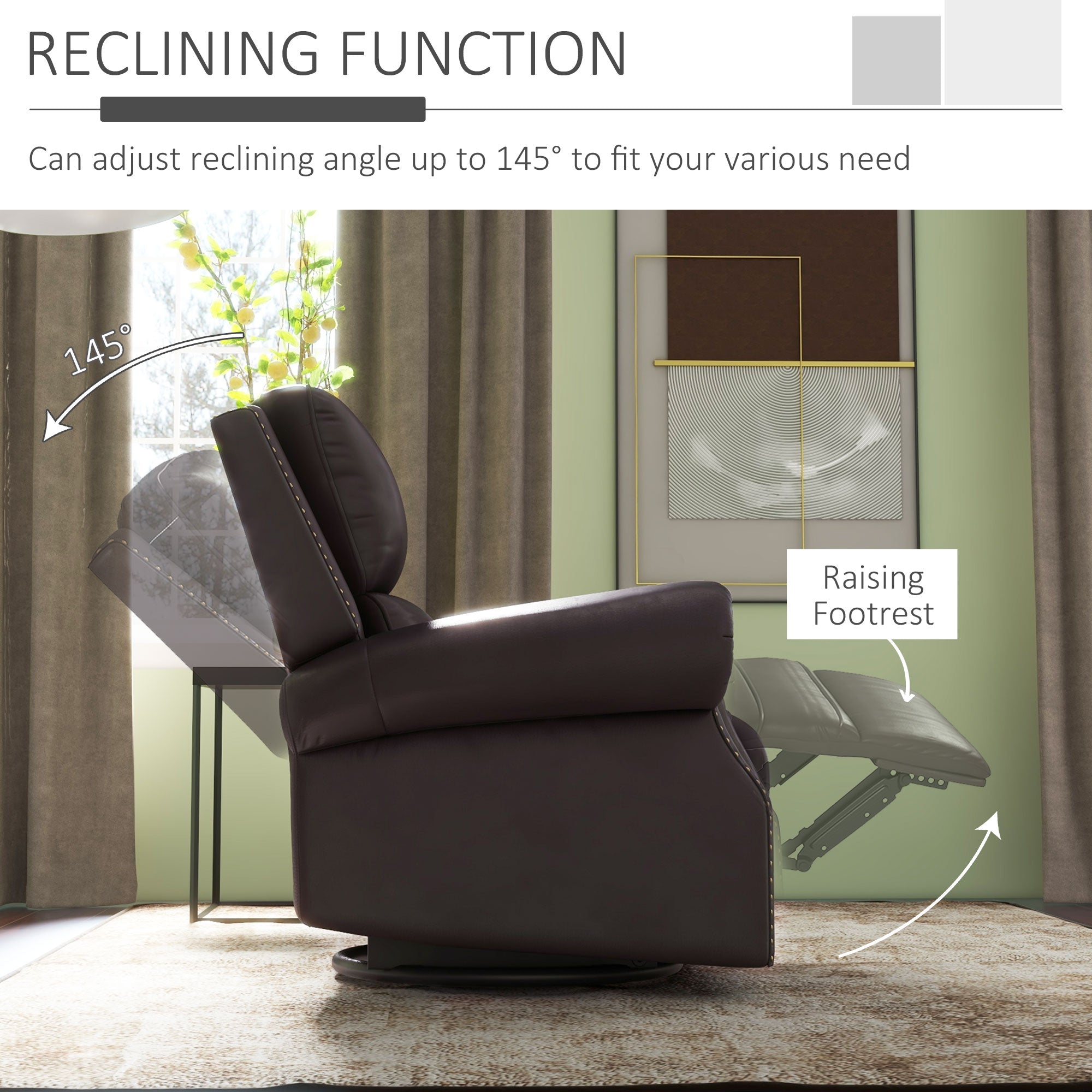 HOMCOM Swivel Recliner Chair, Reclining Sofa, PU Leather Rocker with Thick Padded Back and Seat for Living Room, Brown