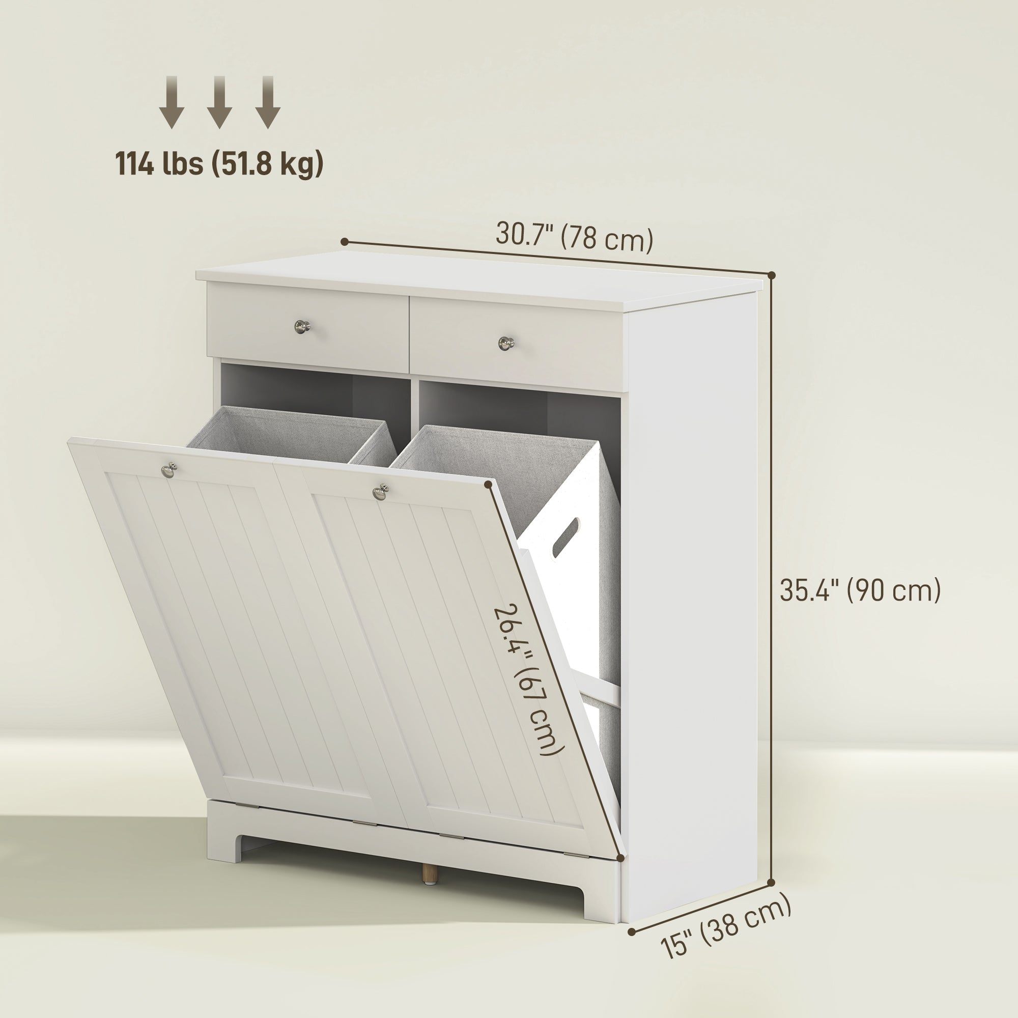 HOMCOM Laundry Cabinet, Tilt Out Laundry Hamper Cabinet with 2 Baskets, Bathroom Hamper Cabinet with 2 Drawers, White