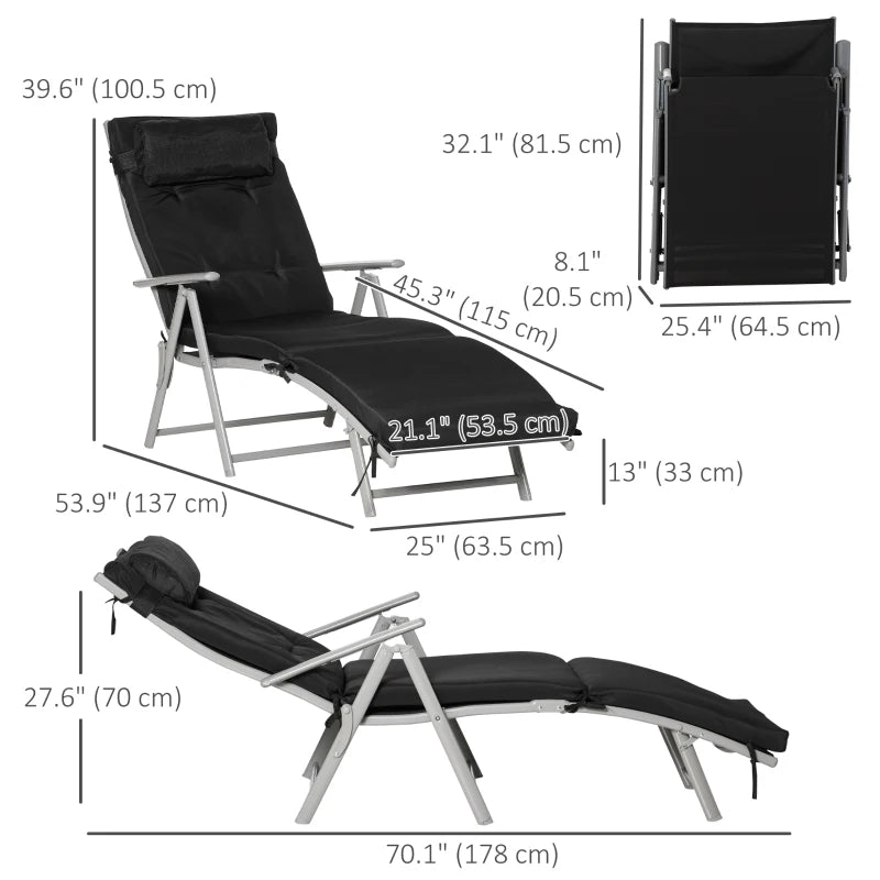 Outdoor Folding Chaise Lounge Chair Recliner with Portable Design, Adjustable Backrest, Cushion and Headrest, Black