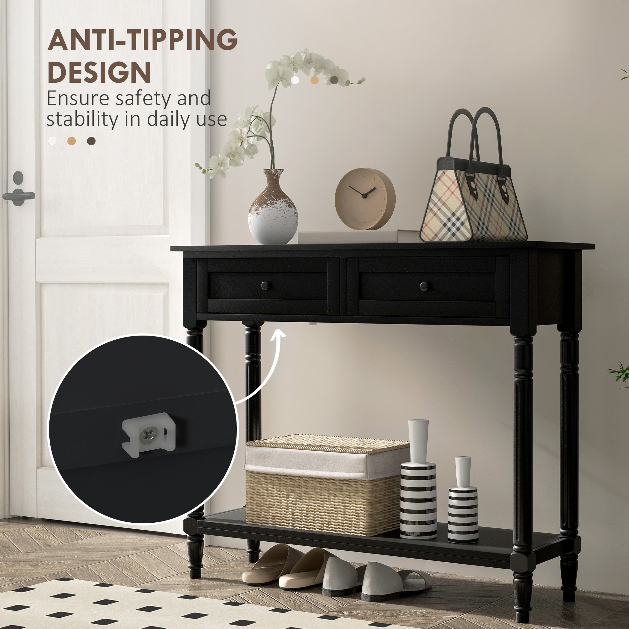 HOMCOM Hallway Console Table, Modern Entryway Table with 2 Drawers, Storage Shelf, Turned Legs for Living Room, Bedroom, Black