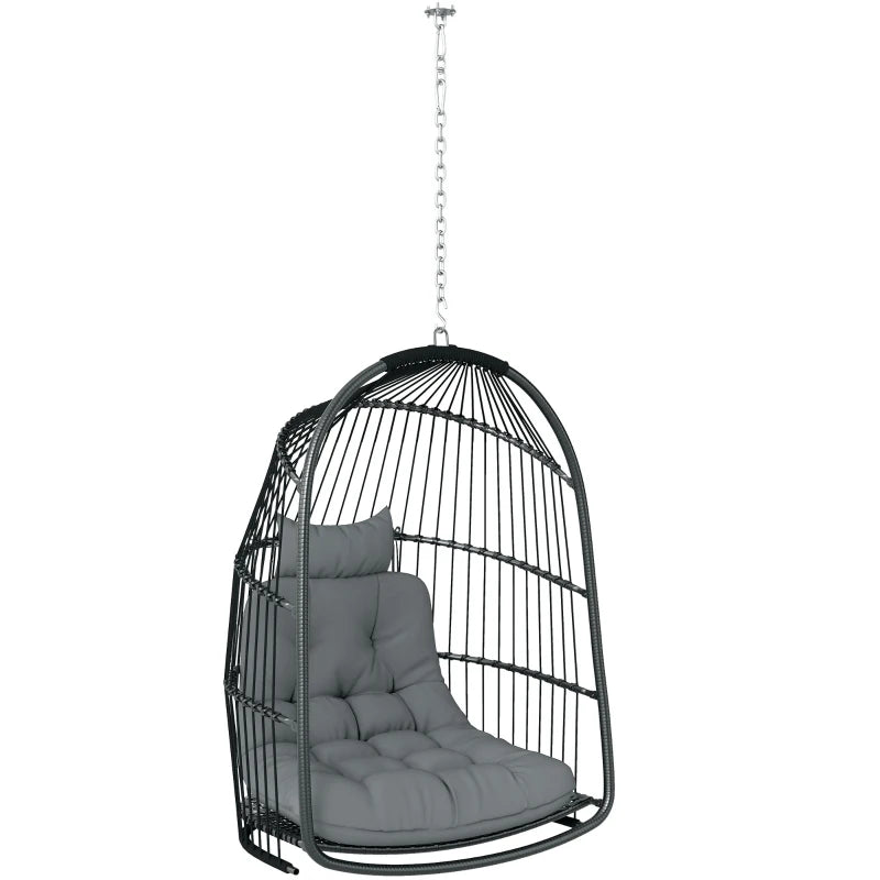 Hanging Egg Chair, Foldable Rattan Garden Swing Chair with Installation Kit, Thickened Cushion and Headrest, Dark Grey