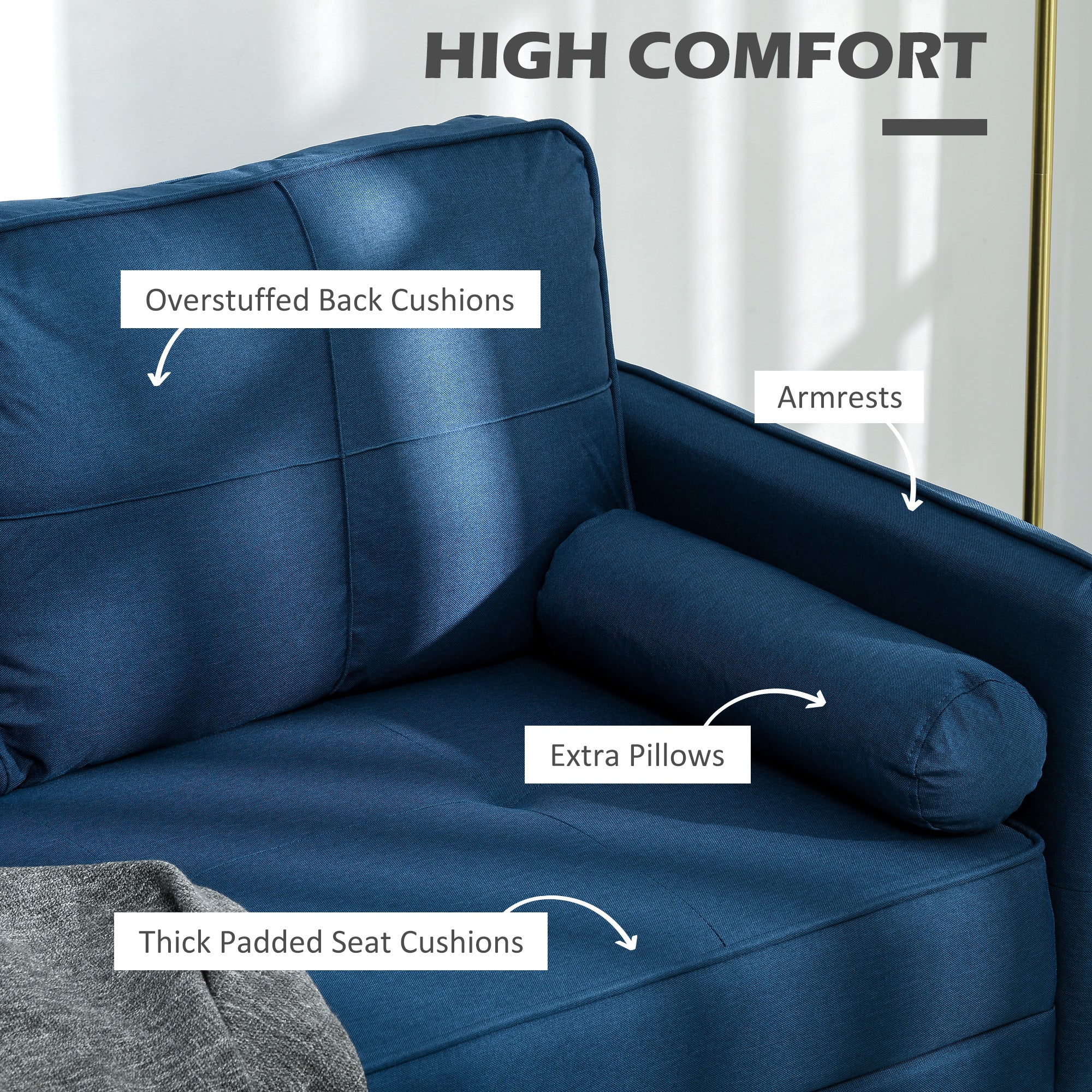 HOMCOM 56" Upholstered 2-Seater Loveseat: With Back Cushions and Pillows for Bedroom, Blue