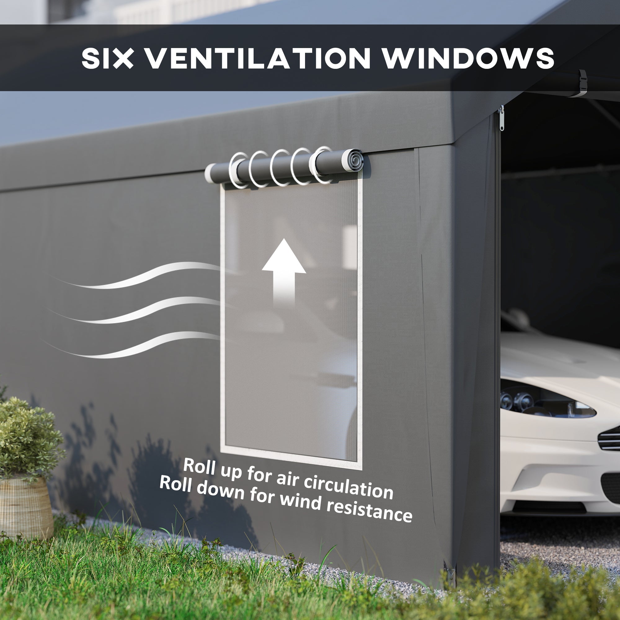 Outsunny 12 x 20ft Carport with 2 Roll-Up Doors, 4 Windows, Portable Garage with Removable Sidewalls for Car, Truck, Dark Grey