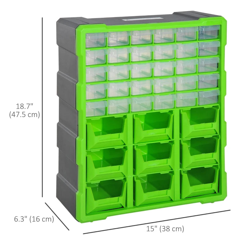 Plastic 39 Drawer Parts Organiser Wall Mount Storage Cabinet for Small Nuts Bolts Tool Green