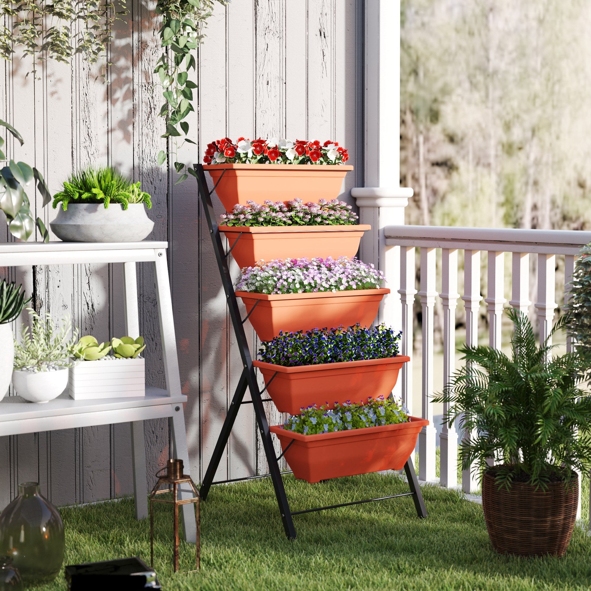 Outsunny 5-Tier Raised Garden Bed Plant Stand Flower Pots with Leaking Holes Red