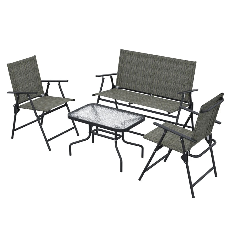 Outdoor 4 Pieces Patio Furniture Set, Garden Set with Two Foldable Armchairs, a Loveseat & Glass Top Table, Mixed Brown