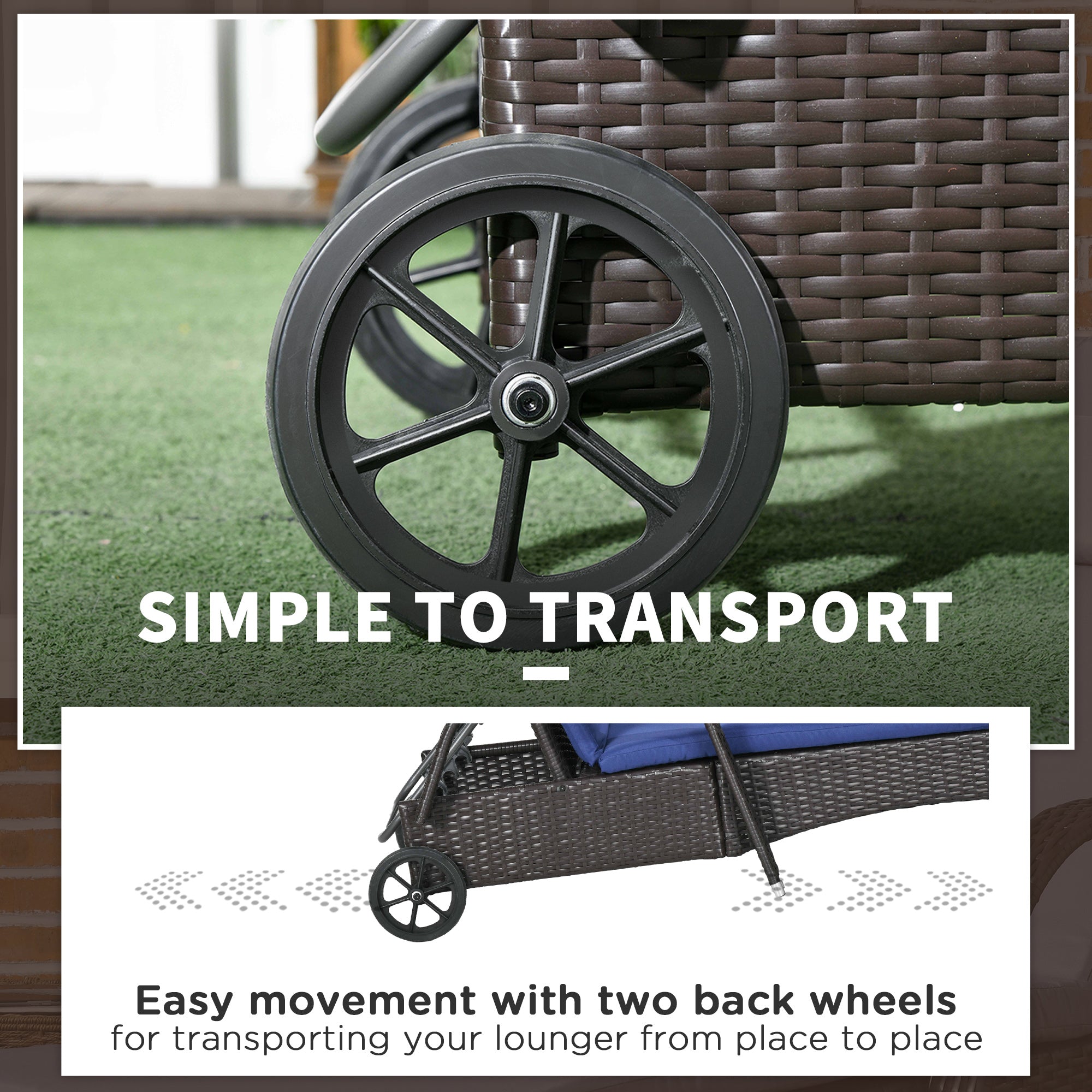 Outsunny Outdoor Lounger Deck Chair with Headrest 5-Level Adjustable Backrest Wheels Deep Coffee Navy Blue