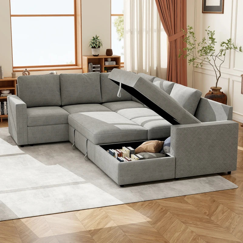 Pull Out Sofa Bed, Sleeper Sofa Couch with Hidden Storage, Chaise Lounge, Velvet Upholstery, U-Shaped Futon Couch