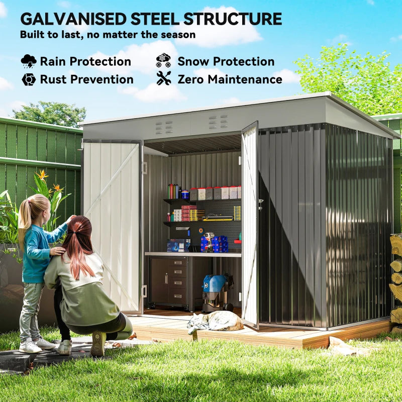 9' x 4' Galvanized Steel Garden Storage Shed with Lockable Doors, Gloves and 2 Air Vents for Backyard, Patio, Lawn