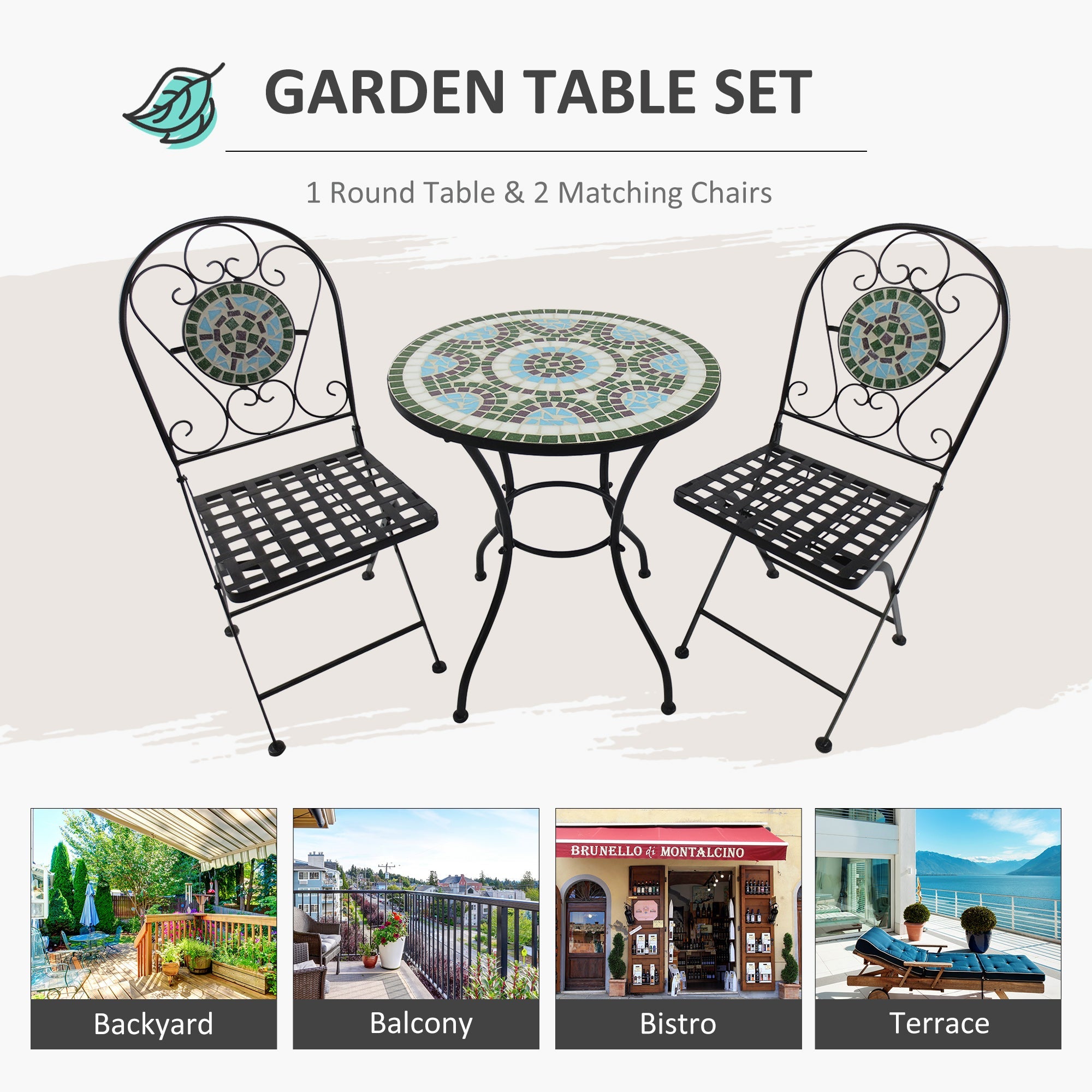 Outsunny 3 Piece Patio Bistro Set with Mosaic Design Outdoor Dining Furniture Set for 2 Folding Chairs Green