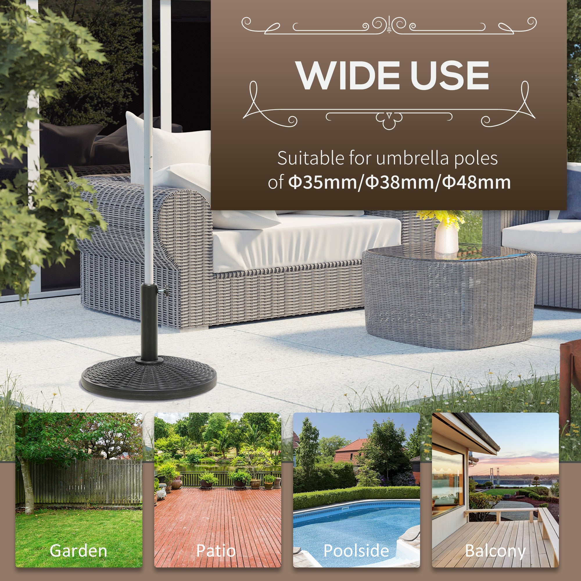 Outsunny 17.5" Round Umbrella Base Holder, 25 lbs Garden Parasol Stand with Rattan Design for Patio, Outdoor, Backyard, Black