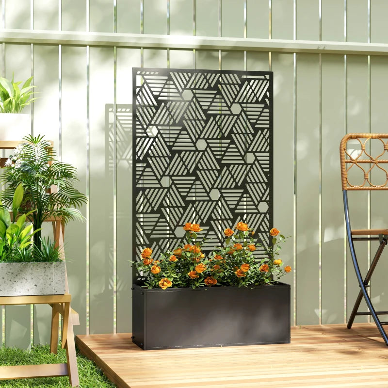 Metal Planter Box with Trellis, 44.5" Tall Raised Garden Bed with Privacy Screen, Hexagon and Line Cut-Out