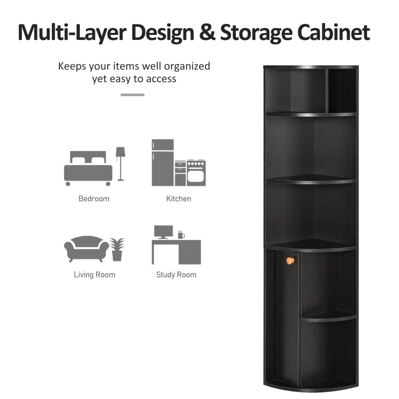 5-Tier Corner Bookcase, Storage Bookshelf, Freestanding Display Shelves with Open Compartments and Cabinet for Home Office, Living Room, Study, Black
