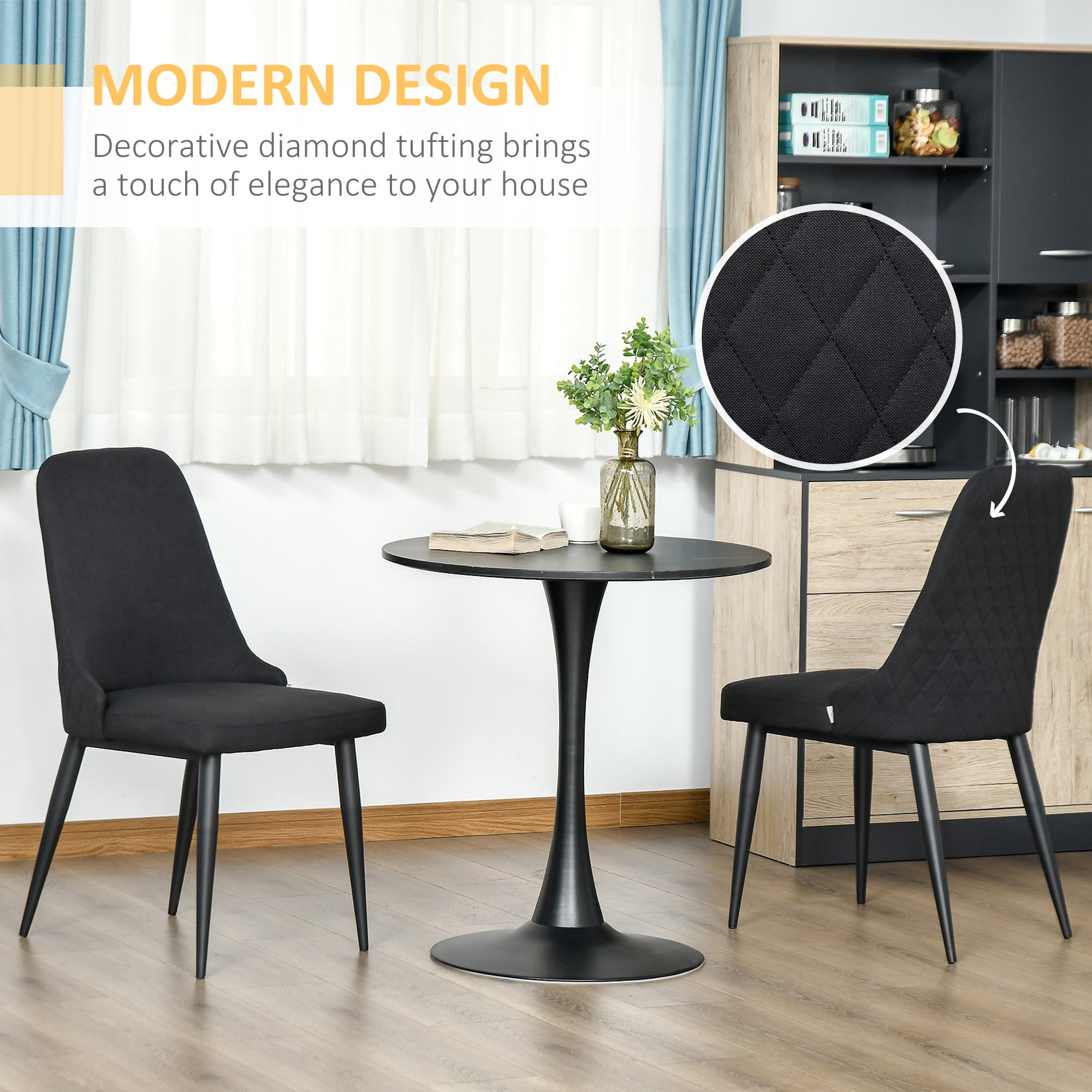 HOMCOM Set of 2 Modern Dining Chairs Black Fabric Upholstered Side Chairs with Metal Legs for Kitchen Living Room Elegance