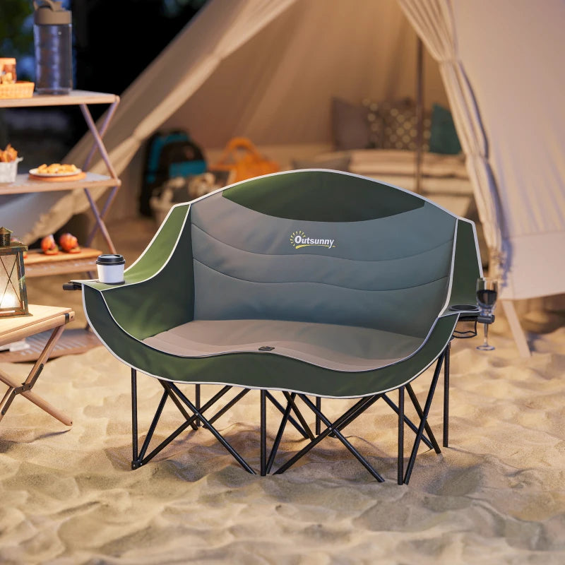 Portable Camp Chair, Double Camping Chair with Cup Holders and Carry Bag, Support 551 lbs, Dark Green
